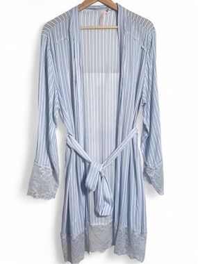 Lightweight Seersucker Short Robe Blue White Striped La Vie En Rose L/XL